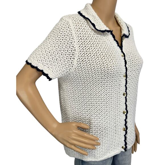 J. Crew Short Sleeve Crochet Cardigan Sweater Ivory Navy CJ215 Size M - Picture 4 of 13